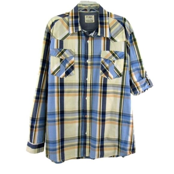 Paper Denim and Cloth Blue Plaid Button Up Western Shirt XXL Pearl Snap Pockets - Picture 1 of 11